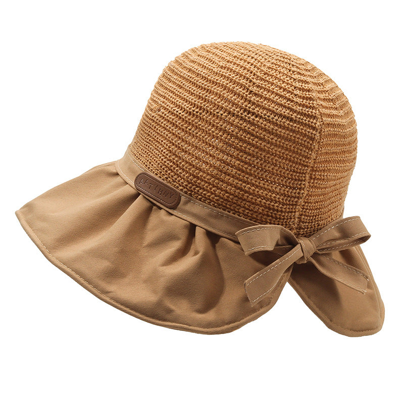 Wholesale Letter Logo Hollow Straw Knitted Large Brim Bucket Hat with Back Slit