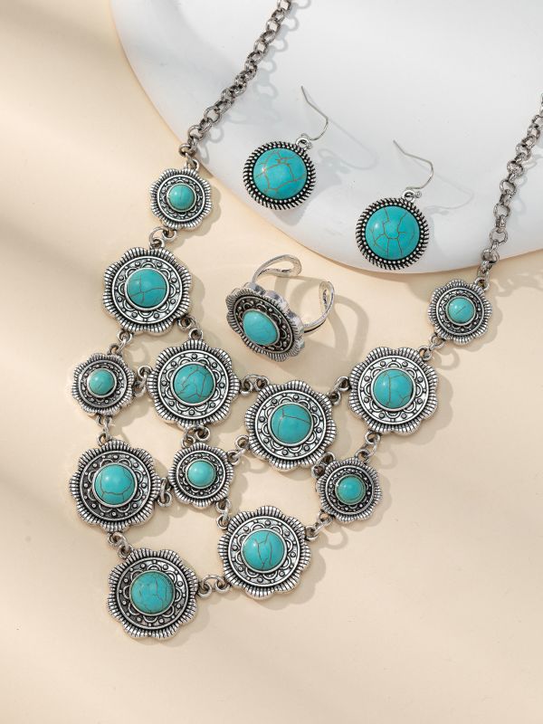 Wholesale Bohemian vintage multi-layered round white and blue pine necklace