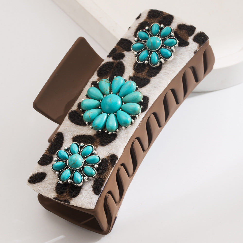 Wholesale Ancient Silver Alloy Turquoise Hair Clip Retro Leopard Print Sequined Leather Hair Clips