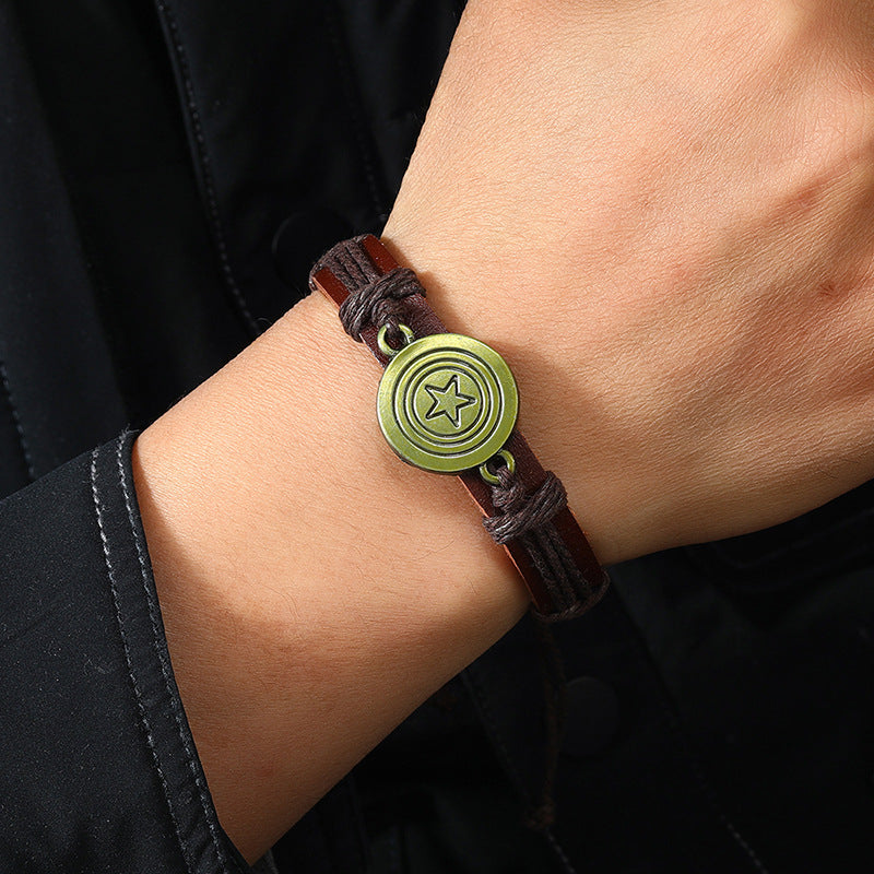 Wholesale Vintage Woven Antique Copper Alloy Pentagram Leather Bracelet