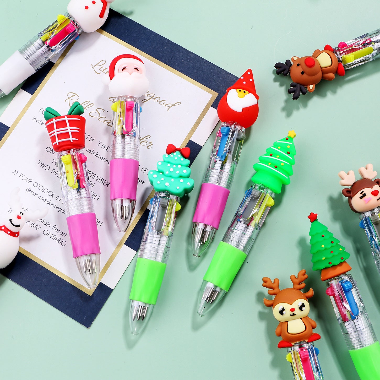 Wholesale Christmas Cartoon Deer Old Man Mini Four Color Plastic Ballpoint Pen