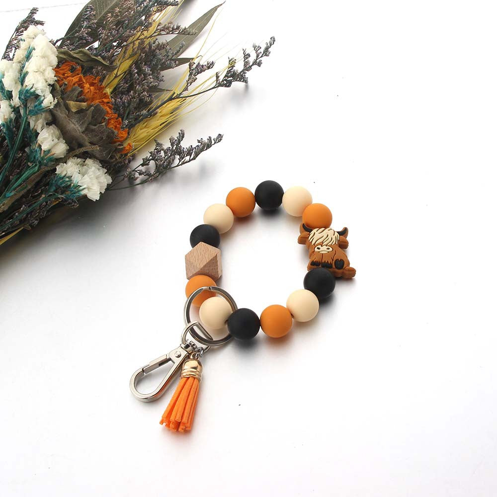Wholesale Cartoon Bull Head Cow Silicone Beads Wooden Beads Wrist Keychain