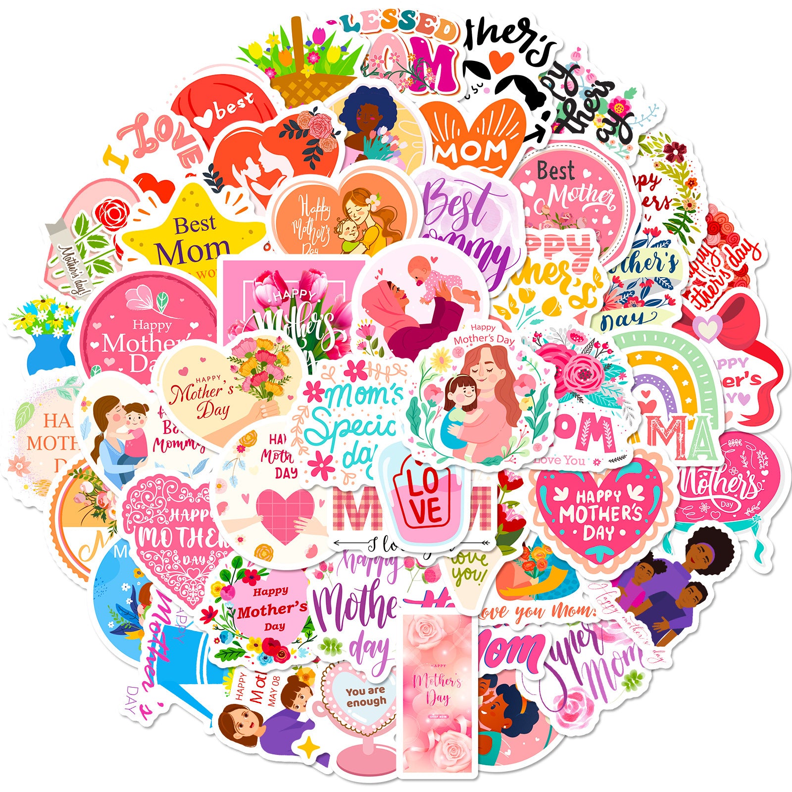 Wholesale 50pcs I LOVE YOU MOM Stickers Happy Mother's Day Mom Flower Bouquet Baking Cake Label Stickers
