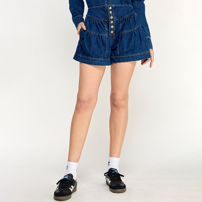 Wholesale High waisted denim shorts with ruffles