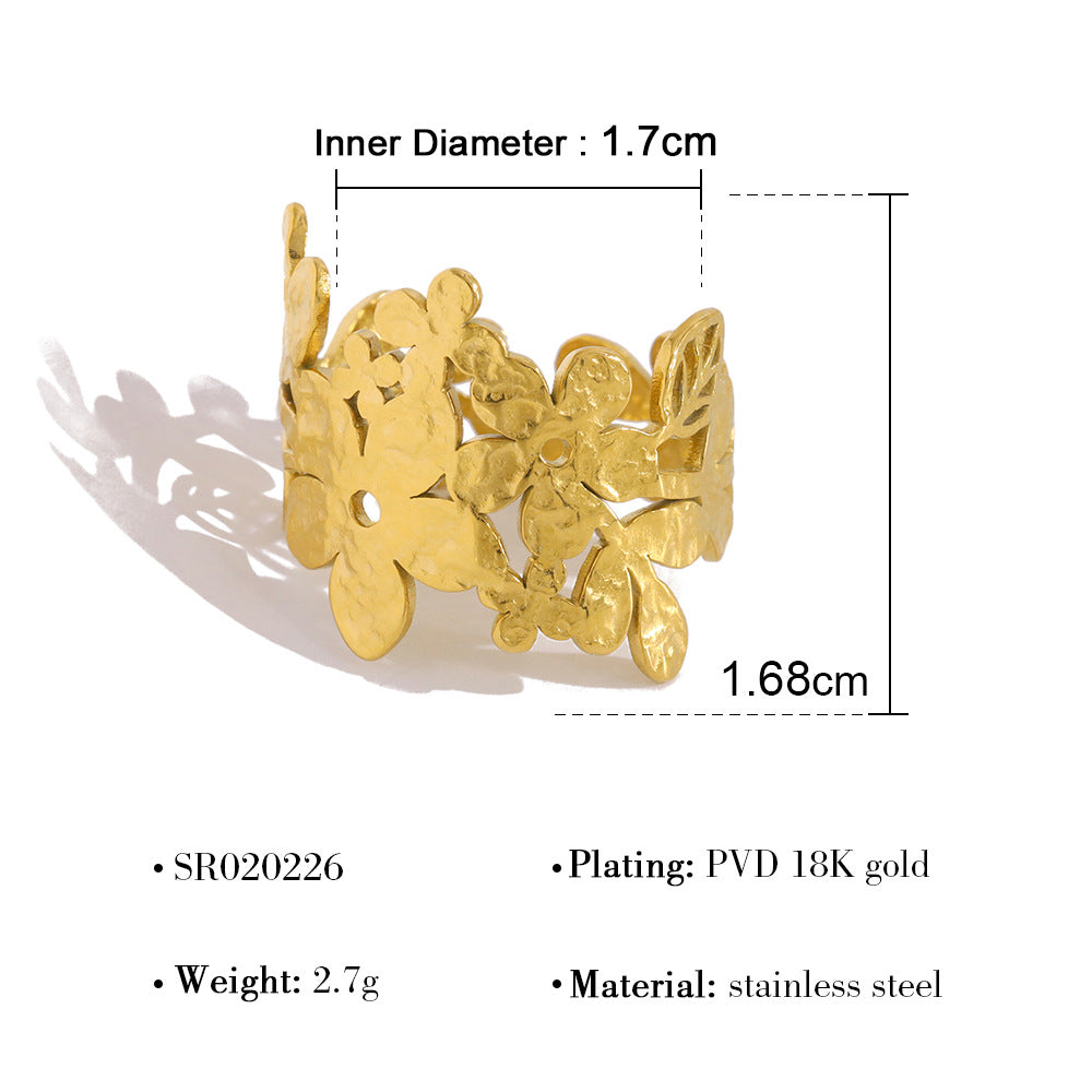 Wholesale rainbow zircon leaf ring women' s 18K gold titanium steel open ring