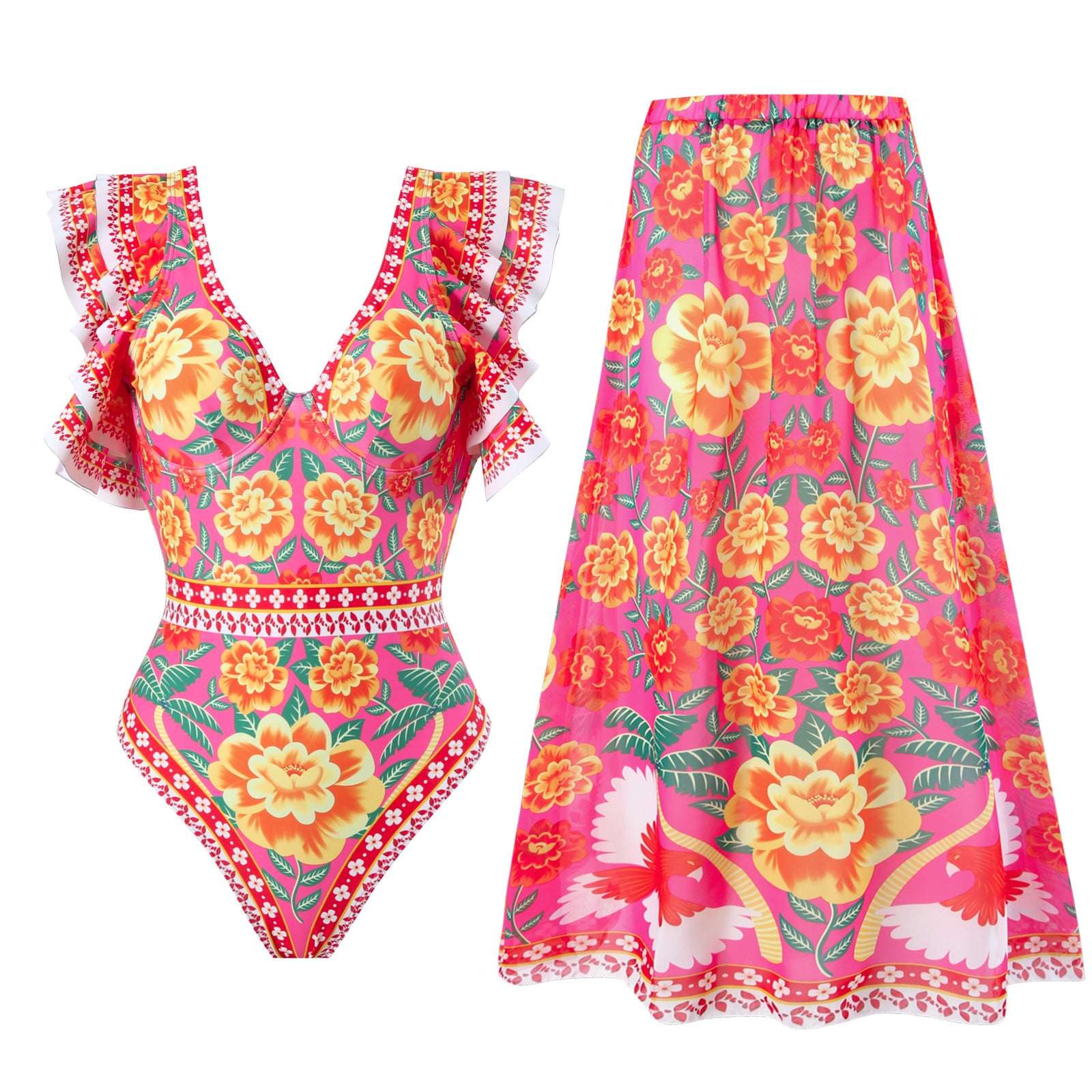 Wholesale Hot Spring Sexy One-piece Conservative Printed Swimsuit Wrap Skirt Suit