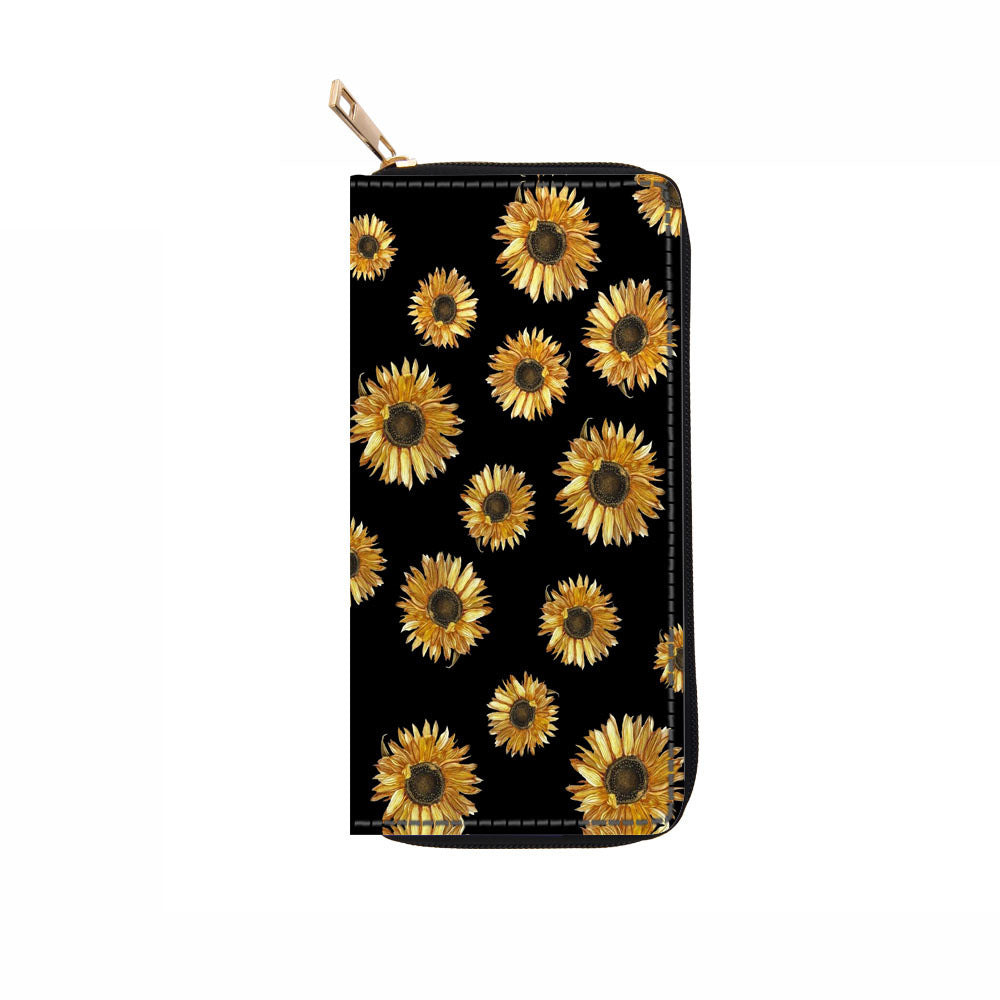 Wholesale Sunflower Long PU Zipper Printed Wallet
