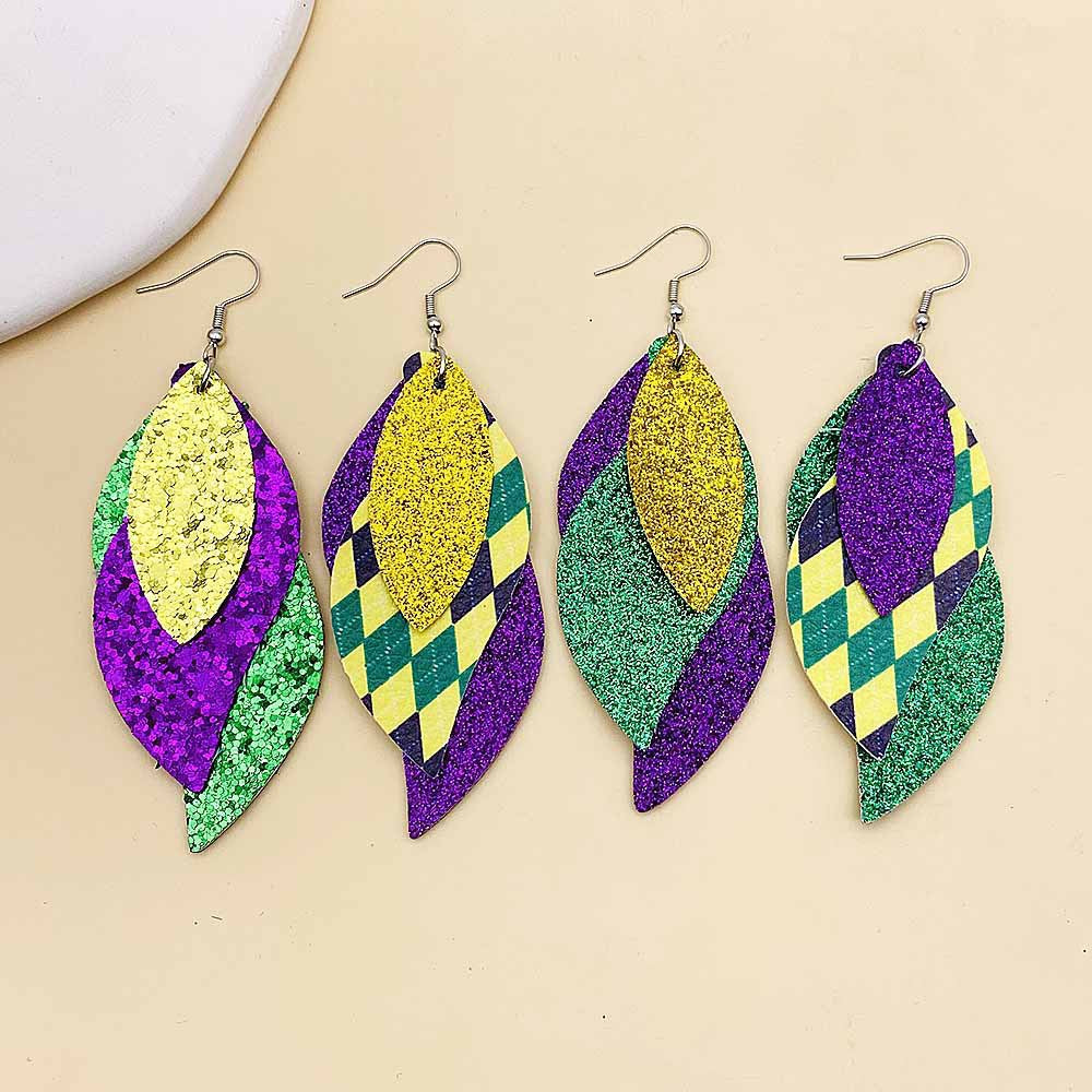 Wholesale Carnival Triple Leather Shiny Leaf Shape Bohemian Carnival Earrings