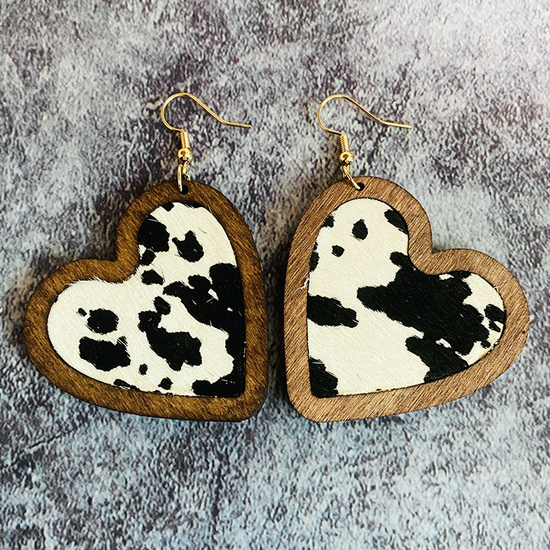 Wholesale Valentine's Day Genuine Leather Heart Leopard Print Horsehair Inlaid with Wooden Classic Retro Earrings