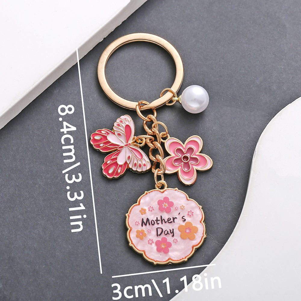 Wholesale Oil Dropping Pink Butterfly Flowers Pearl MOTHER' S DAY Keychain Jewelry Pendant Mother Holiday Gift