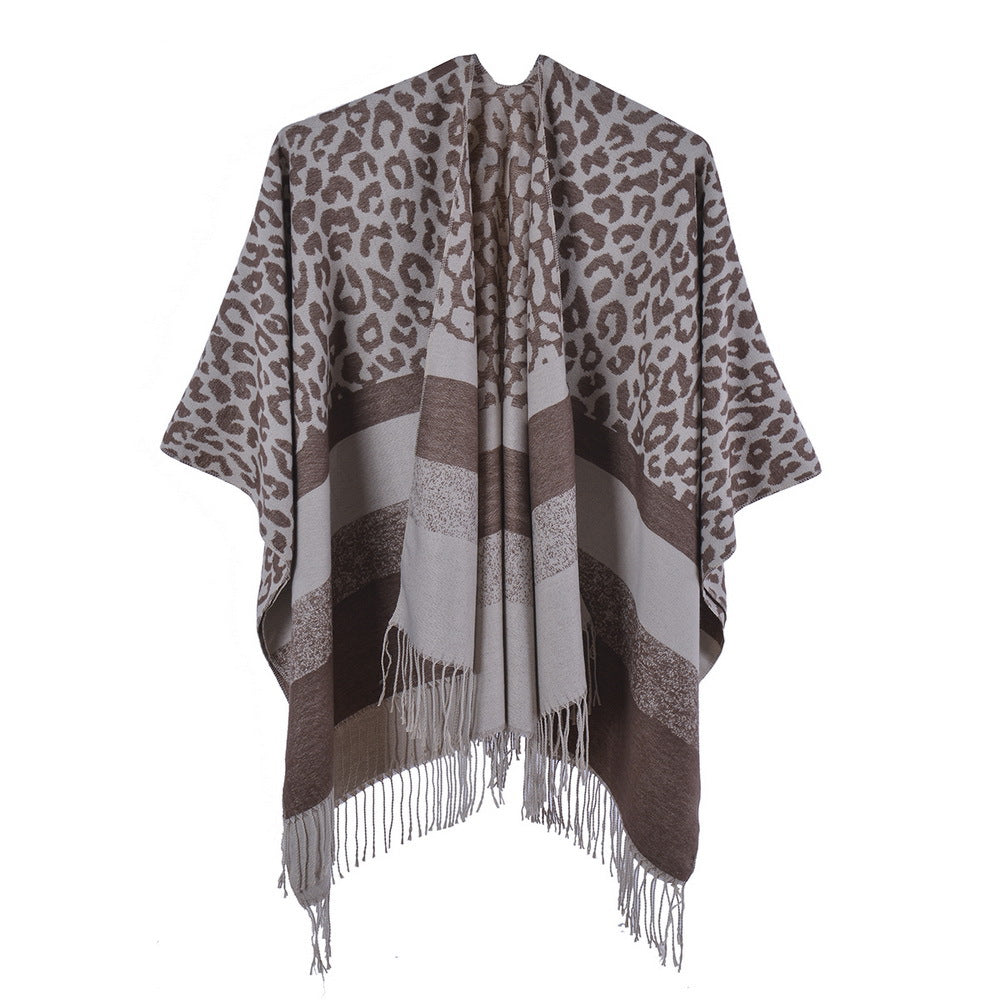 Wholesale Winter Leopard Print Tassel Imitation Cashmere Split Cape