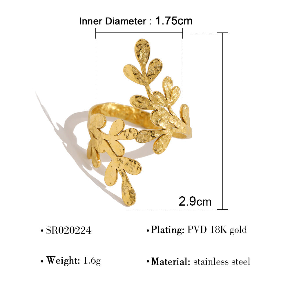 Wholesale rainbow zircon leaf ring women' s 18K gold titanium steel open ring