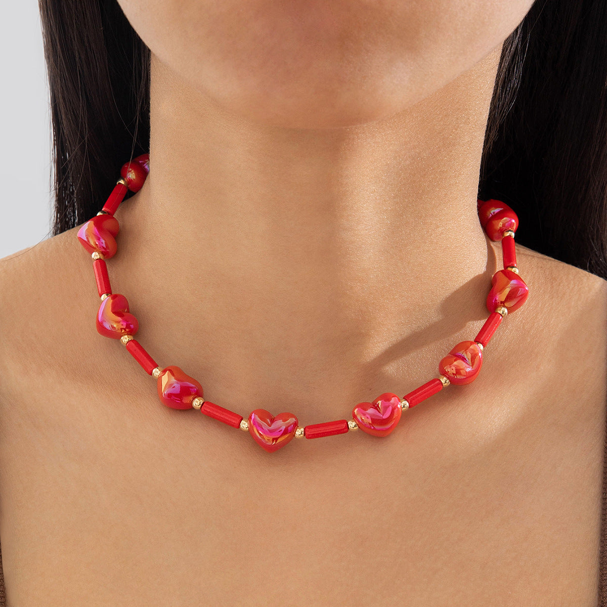 Wholesale Red Heart Geometric Crushed Stone Valentine' s Day Acrylic Necklace