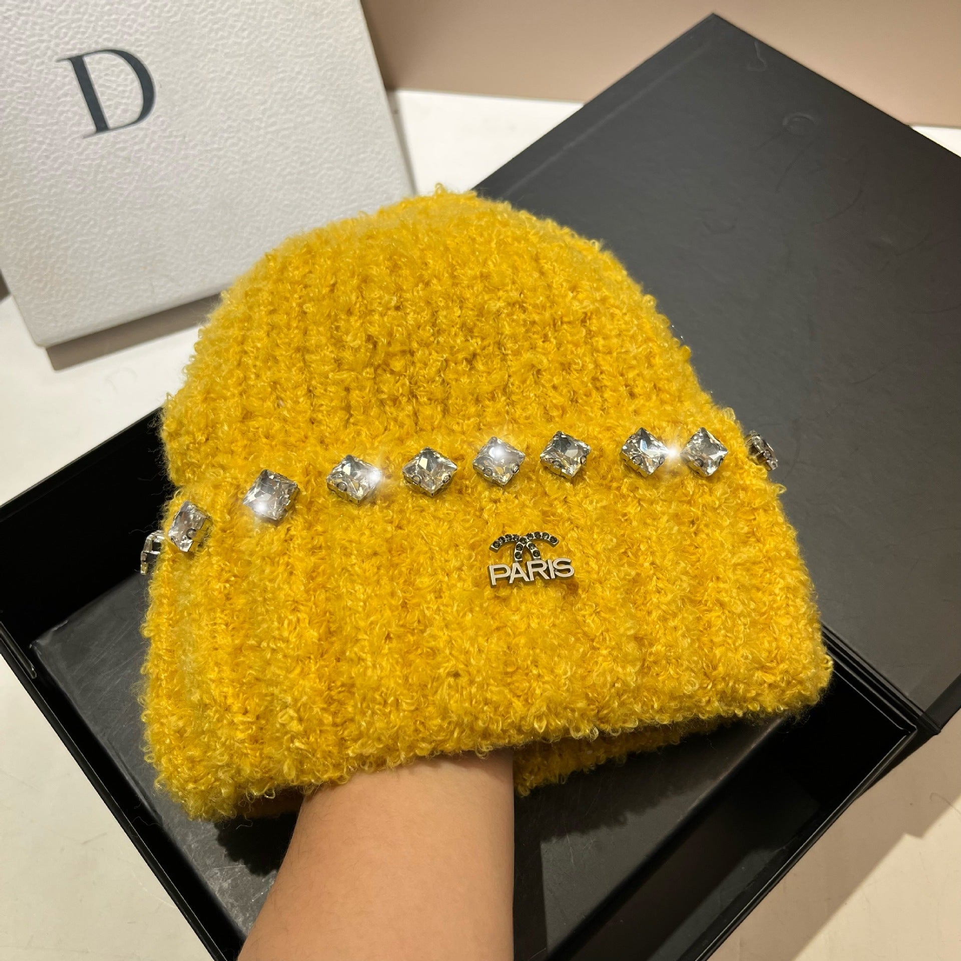 Wholesale Thick Warm Teddy Curl Cute Rhinestone Knitted Hat