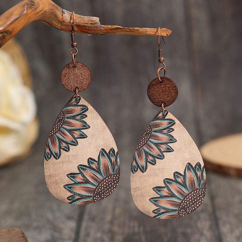 Wholesale Western style sunflower retro wood carving water drop Earrings creative stitching Earrings