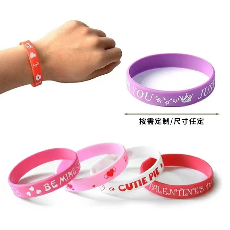 Wholesale 100pcs Happy Valentine' s Day Pink heart-shaped Rubber Bracelet