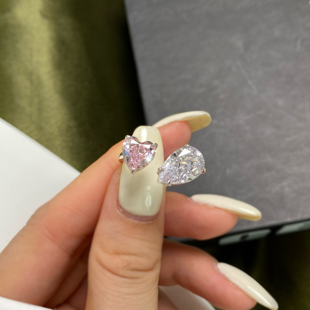 Wholesale S925 Sterling Silver Fashion Water Drop Row Diamond Cute Peach Heart Temperament Square Diamond Pink High Carbon Diamond Ring