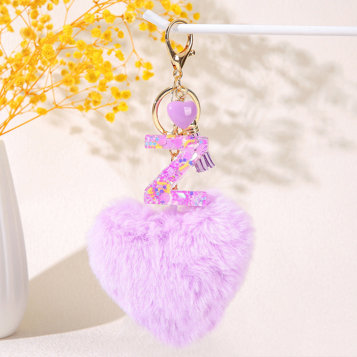 Wholesale in stock Love Shape Hair Ball Letter Keychain Wholesale Glue Sequins 26 Letter Key Ring Girl Backpack Decoration