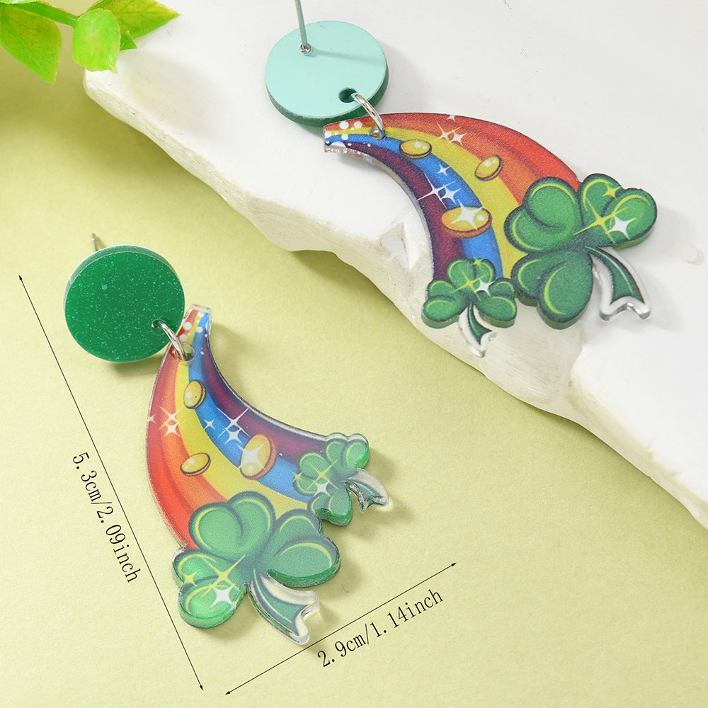 Wholesale St. Patrick's Day Green Hat Lucky Grass Clover Exaggerated Carnival Acrylic Double-Sided Earrings