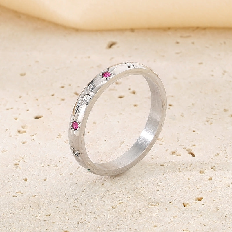 Wholesale Sweet Personality Single Row Diamond Fashion Temperament Colorful Eight-pointed Star Stainless Steel Rings