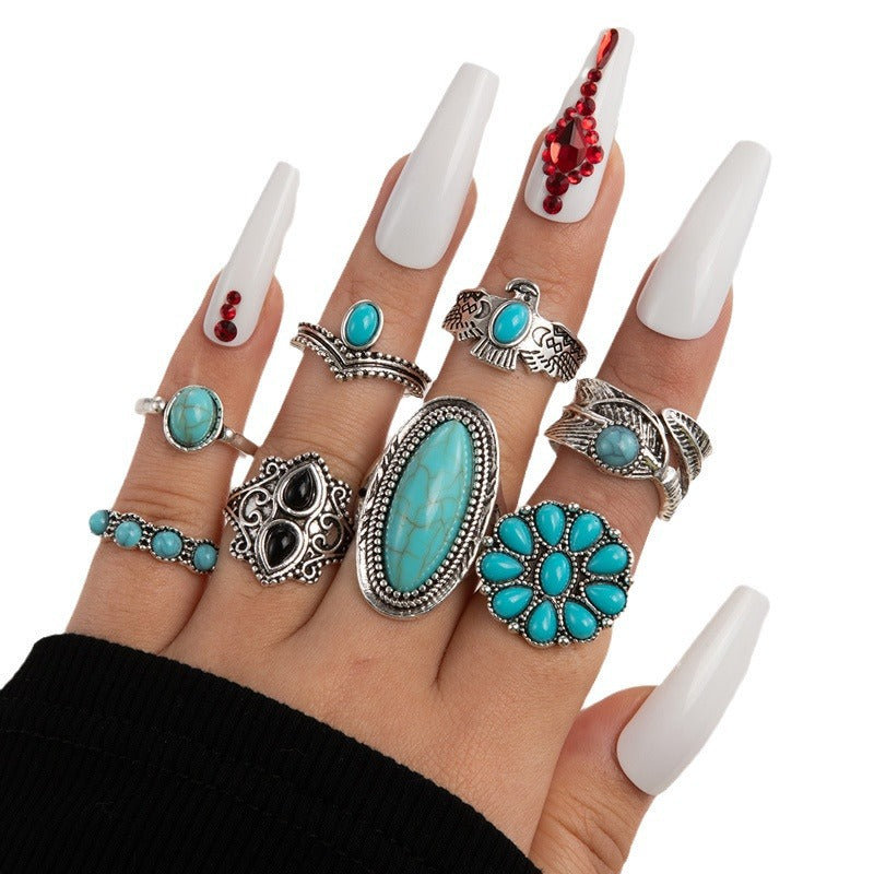 Wholesale Vintage turquoise carved feather ring set