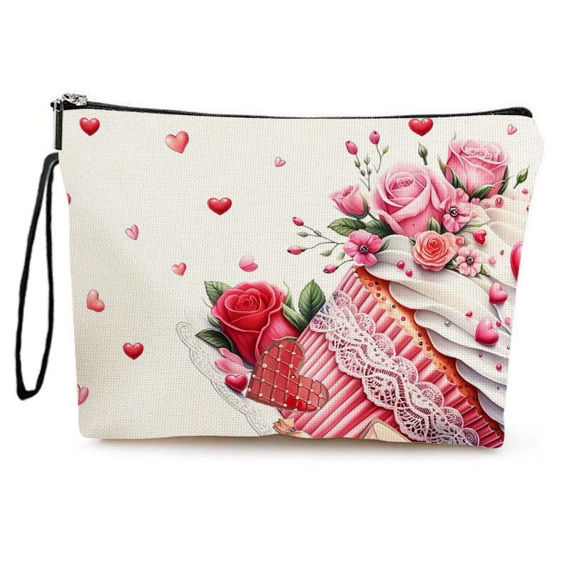 Wholesale New Valentine's Day Cosmetic Bag Fine Linen Cake Printed Cosmetic Bag Women's Lipstick Storage Bag Multifunctional Storage Bag