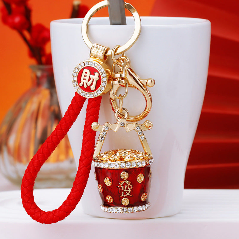 Wholesale Chinese Style Fortune Bucket Keychain Red Zinc Alloy Cornucopia Car Key Ring Decorative Bag Charm Gift