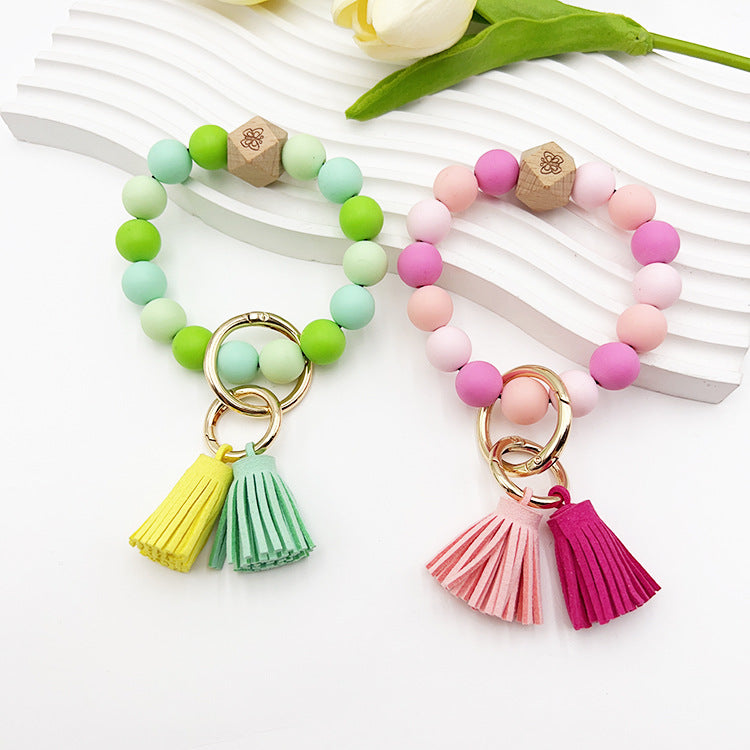 Wholesale Colorful Silicone LOVE Beaded Tassel Wrist Keychain
