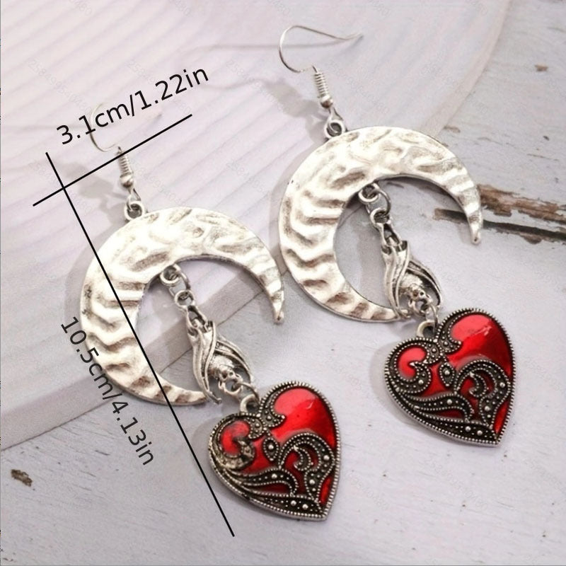Wholesale Silver Moon Bat Red Heart Vintage Gothic Earrings