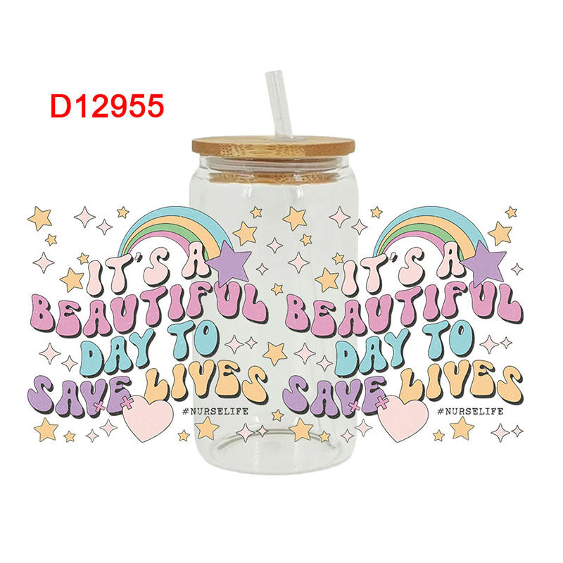 Wholesale Colorful Cartoon Cute Retro Fresh Inspirational Theme 16oz Cup UV DTF Wraps