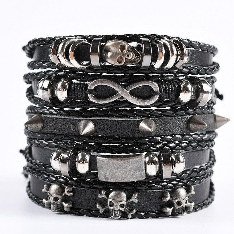 Wholesale Skull 8-shaped alloy five-piece leather bracelet