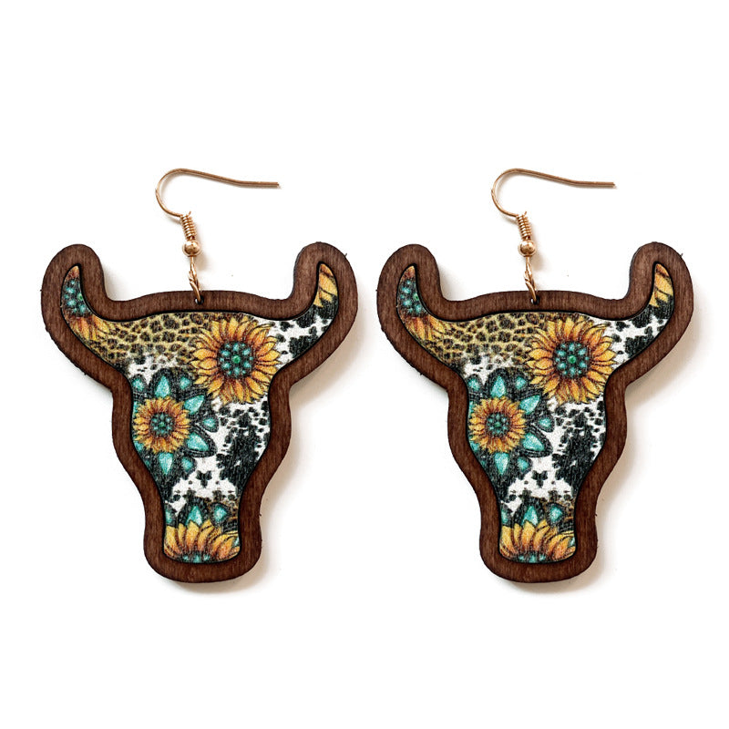 Wholesale Western Bull Head Inlaid Vintage Wood Earrings
