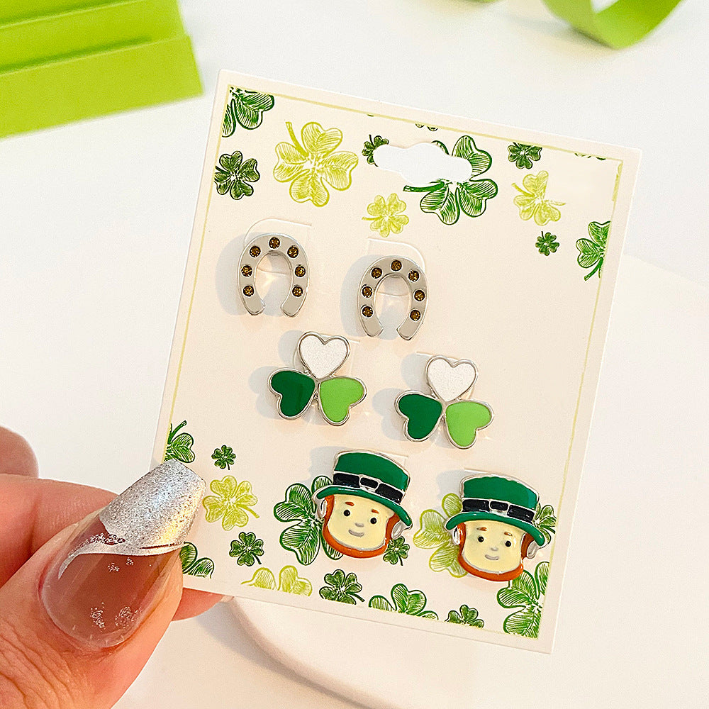 Wholesale St. Patrick's Day Irish Shamrock Hat Alloy Oil Dripping Three Piece Earrings Set
