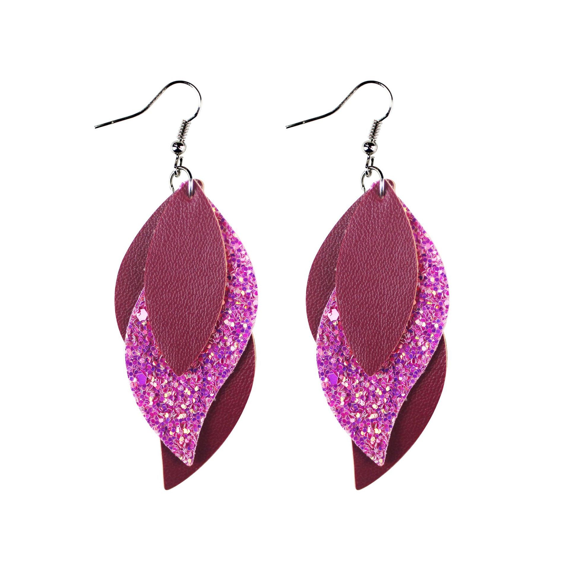 Wholesale Lychee Patterned Sequin Leaf Wave Shaped Three-layer Leather Earrings