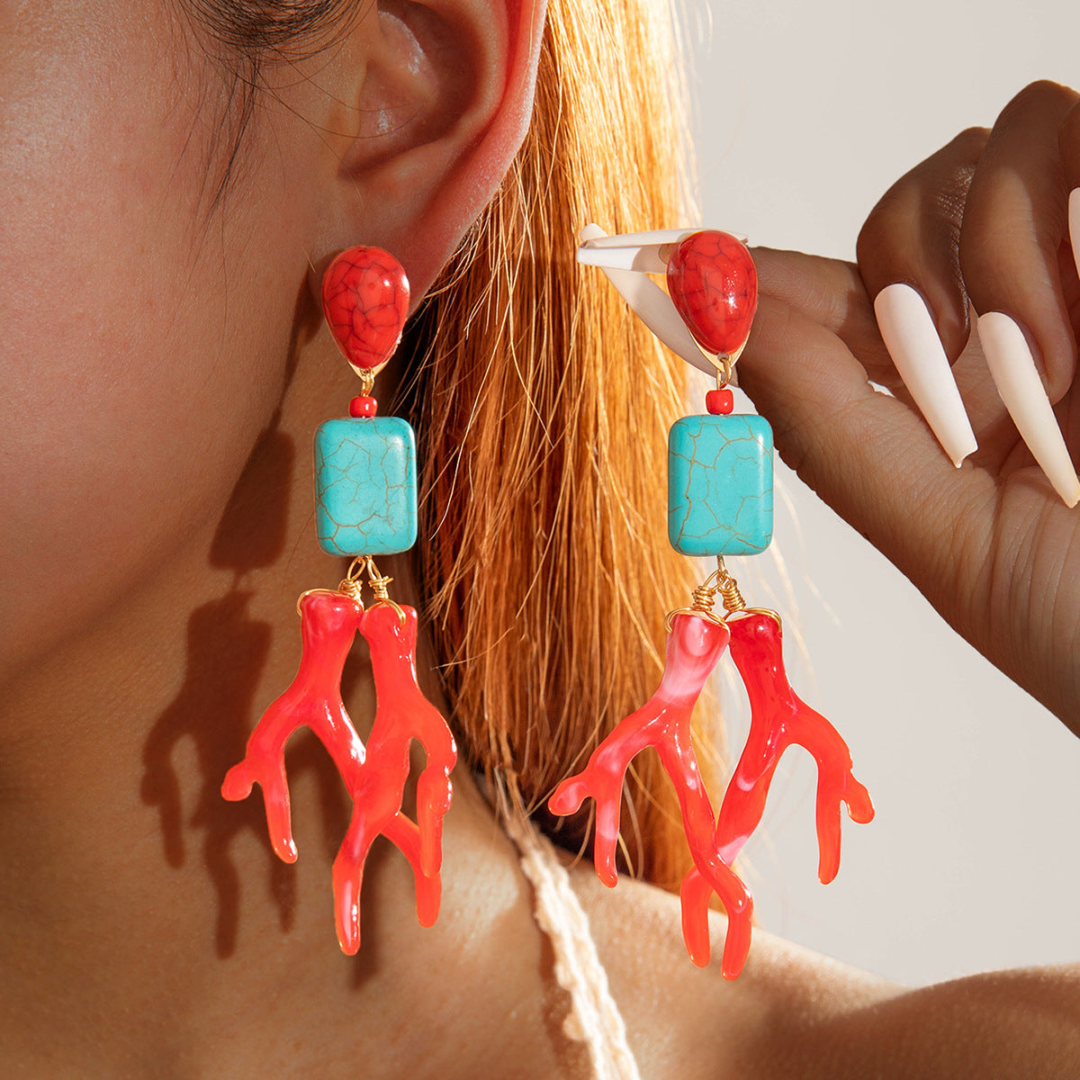 Wholesale 2PCS/Pack Bohemian turquoise earrings Geometric acrylic coral pendant earrings