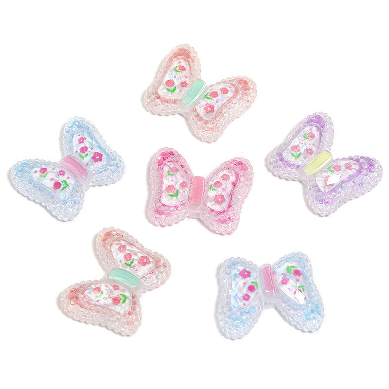 Wholesale 100pcs Straight Hole Granulated Sugar Bow Tie Tulip Print Tie DIY Resin Beads