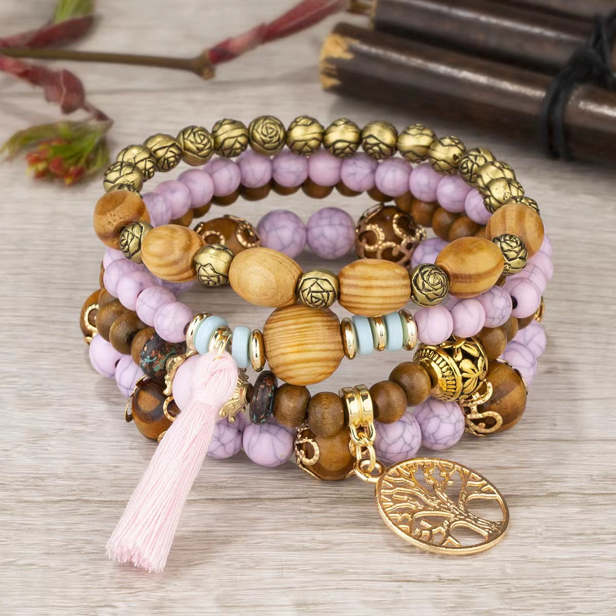 Wholesale Bohemian Style Multi-layer Wooden Beads Stretch Bracelet
