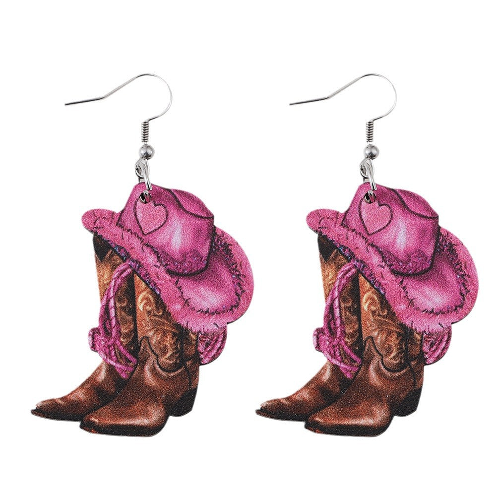 Wholesale Pink Denim Hat Cowboy Boots Pendant Earrings