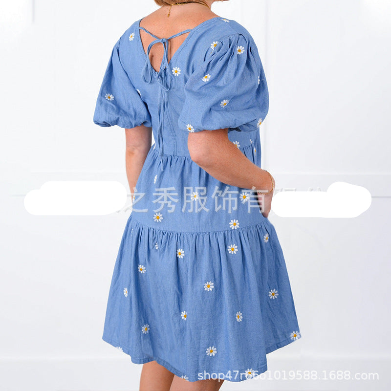 Wholesale Puff Sleeve Daisy Embroidered Dress