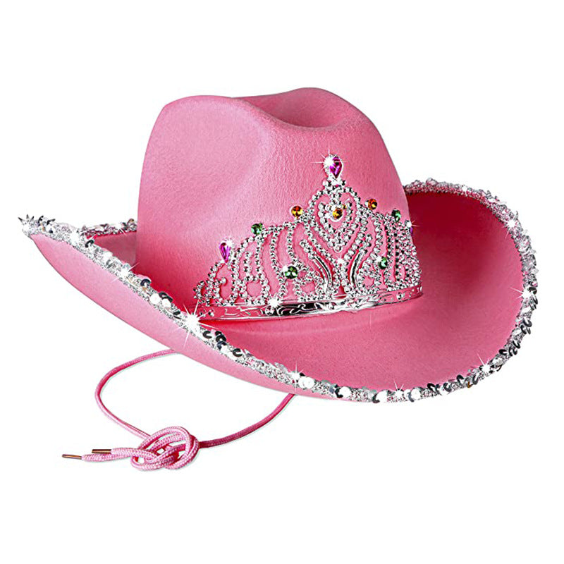Wholesale Feather-trimmed lettering sequined pink crown cowboy hat