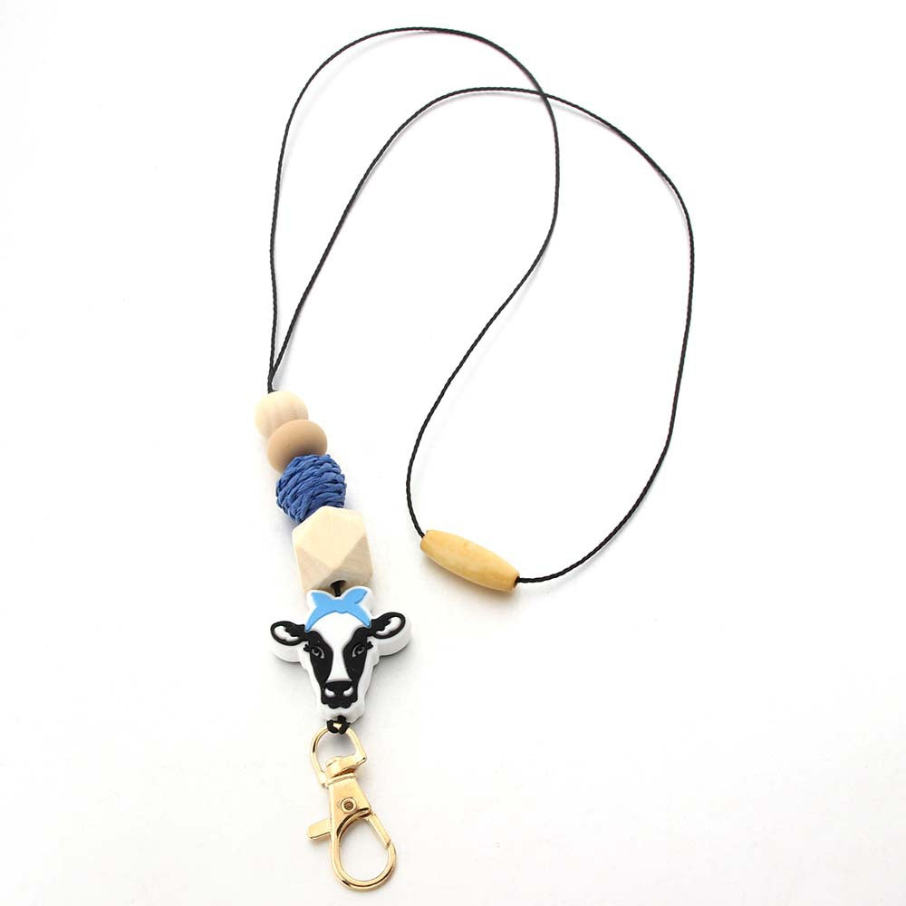 Wholesale Bohemian Style Beaded Silicone Wooden Beads Lanyard Bull Head Keychain