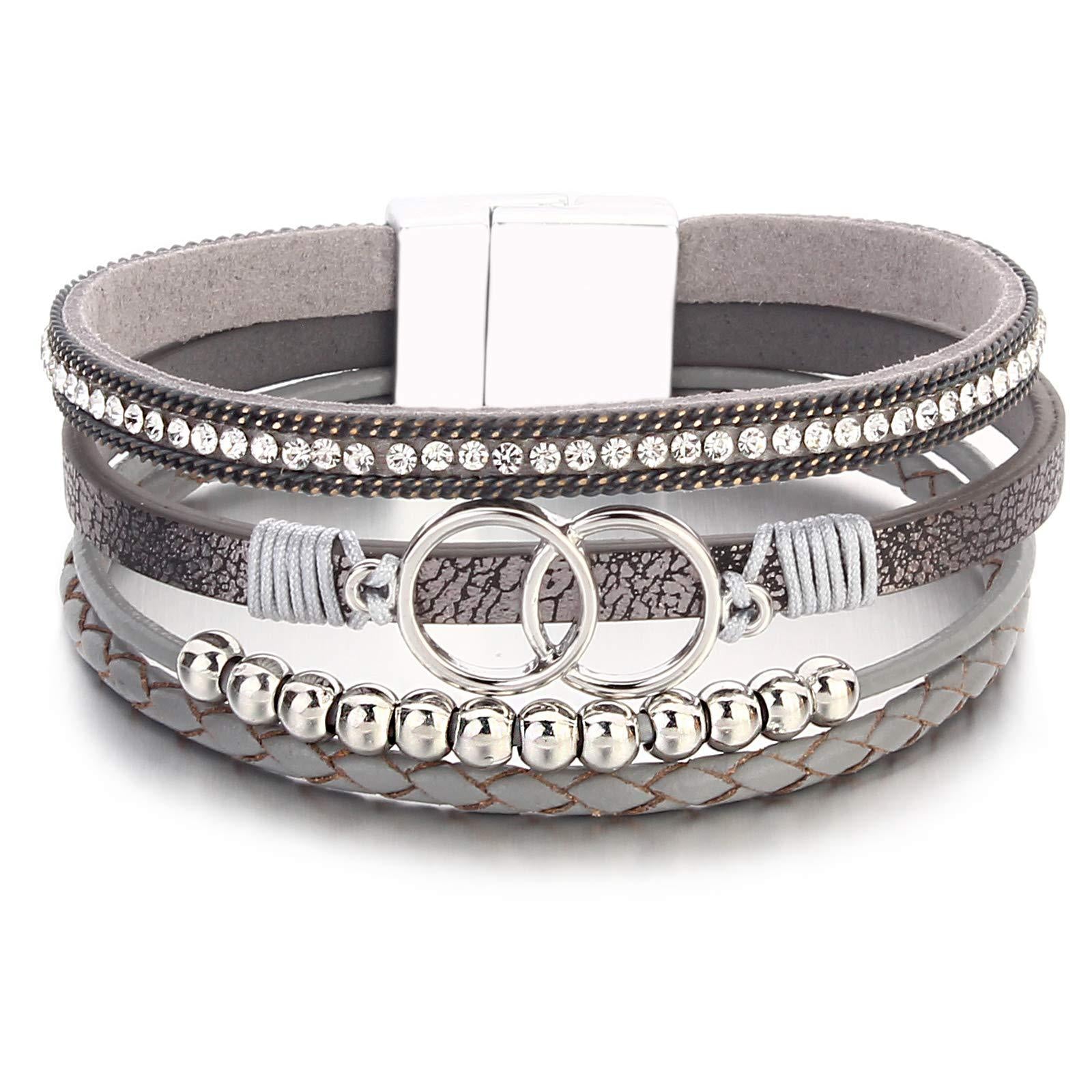 Wholesale Handmade Magnetic Clasp Diamond Encrusted Leather Bracelet