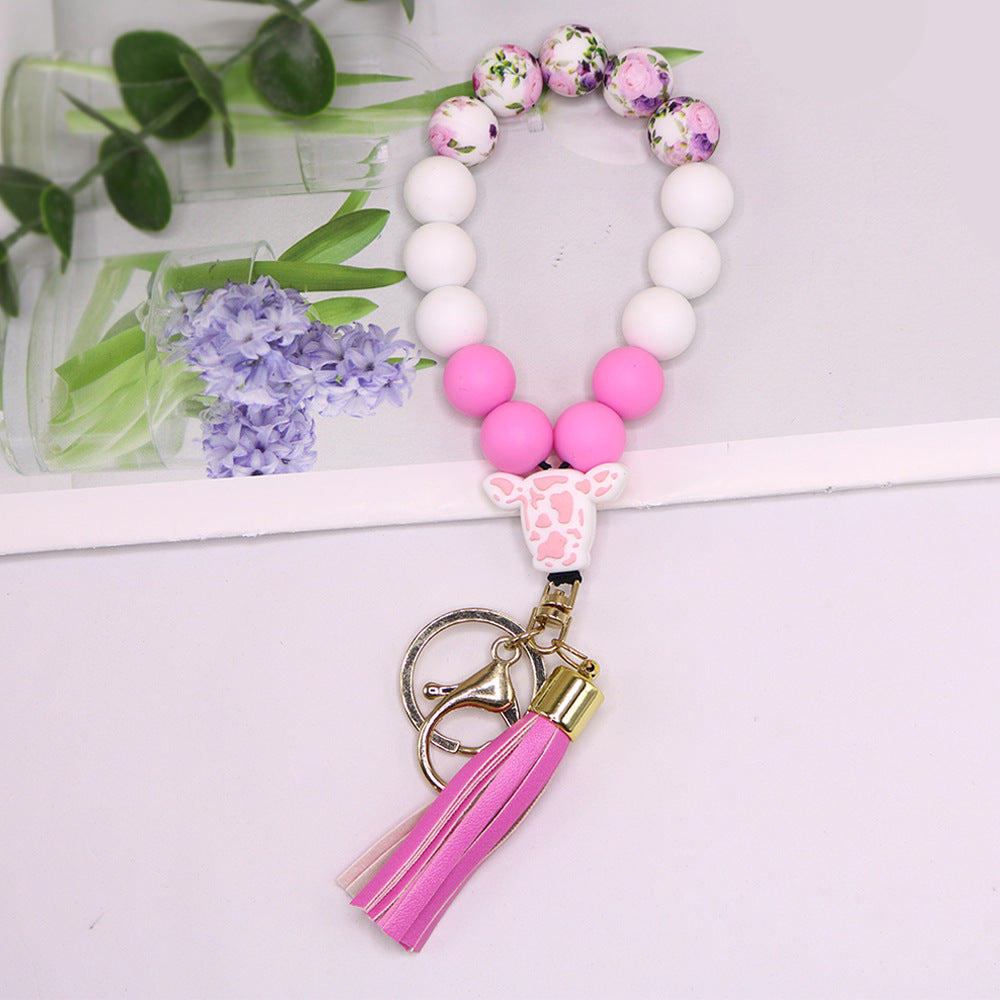 Wholesale Cow Pattern Cow Head Silicone Beaded Wrist Keychain