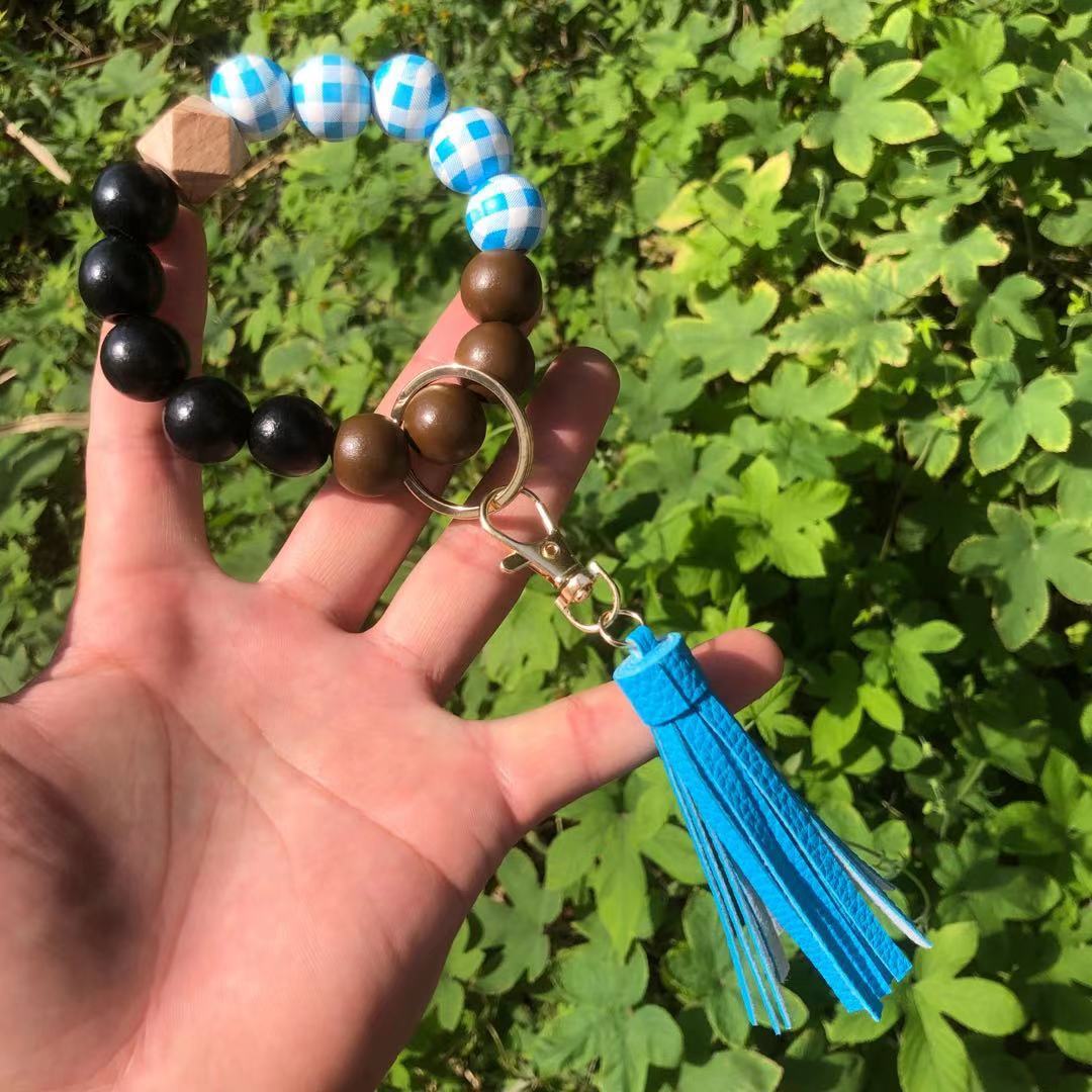 Wholesale Christmas Wooden Beads Plaid Leopard Print PU Tassel Bracelet Keychain