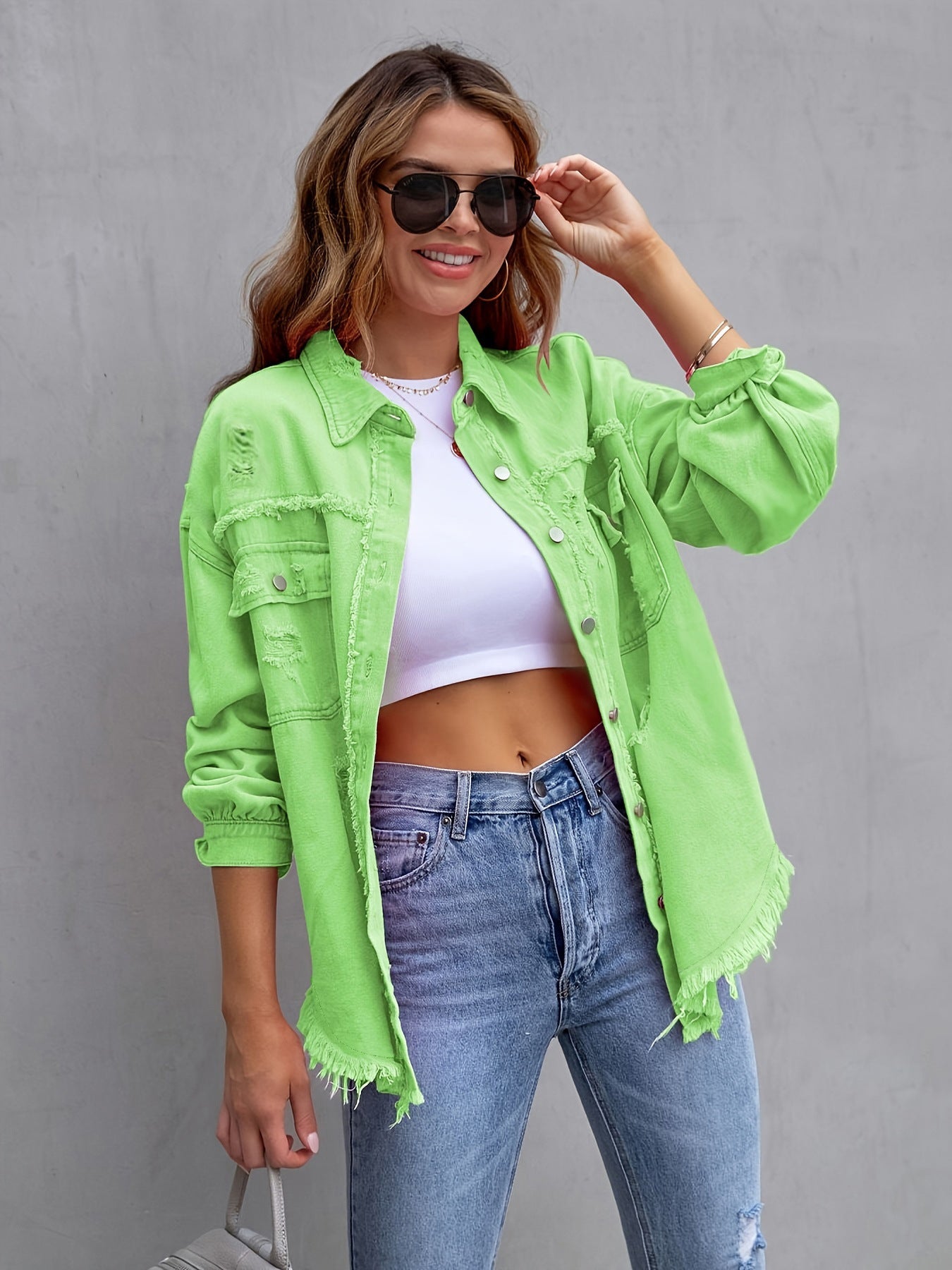 Wholesale Solid Color Medium Length Ripped Long Sleeve Denim Jacket