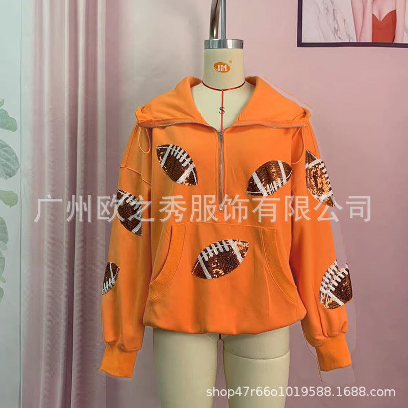 Wholesale Spring and Autumn Rugby Sequin Patchwork Hooded European and American Zipper Drawstring Long Sleeved Women Clothes