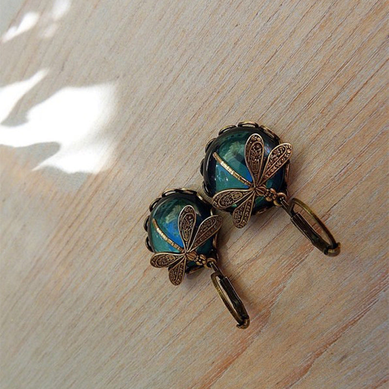 Wholesale Vintage Small Dragonfly Pattern Alloy Moonstone Earrings