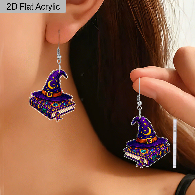 Wholesale Acrylic  Witch Hat Spell Book Earrings Purple Moon Star Print Jewelry Accessory For Party Wear Gift