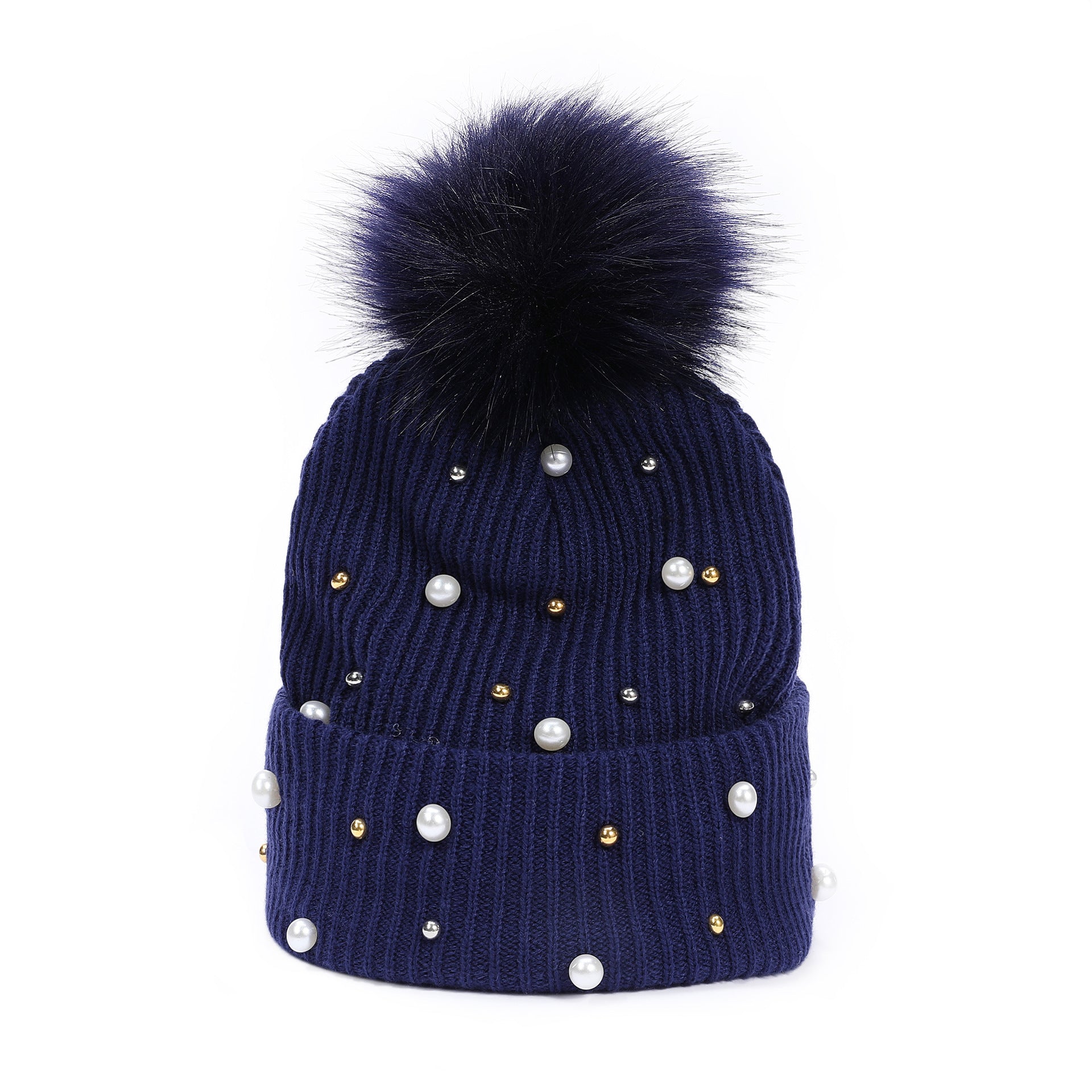 Wholesale Rivet Pearl Woolen Hat Fur Ball Cap Warm Hat