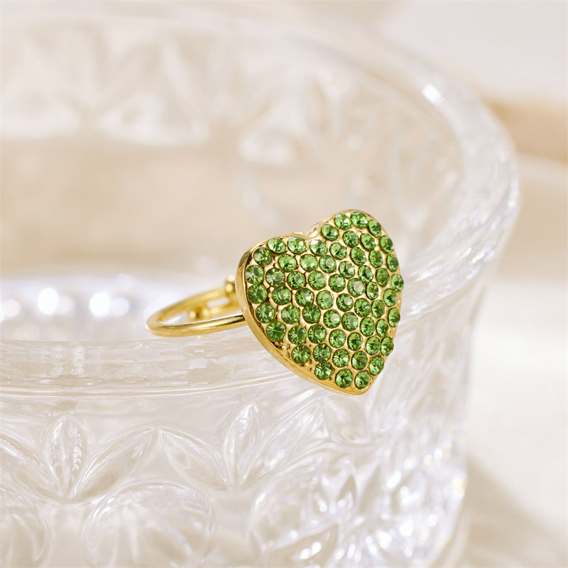 Wholesale Valentine's Day Stainless Steel Full Diamond Heart Zirconia Adjustable Ring